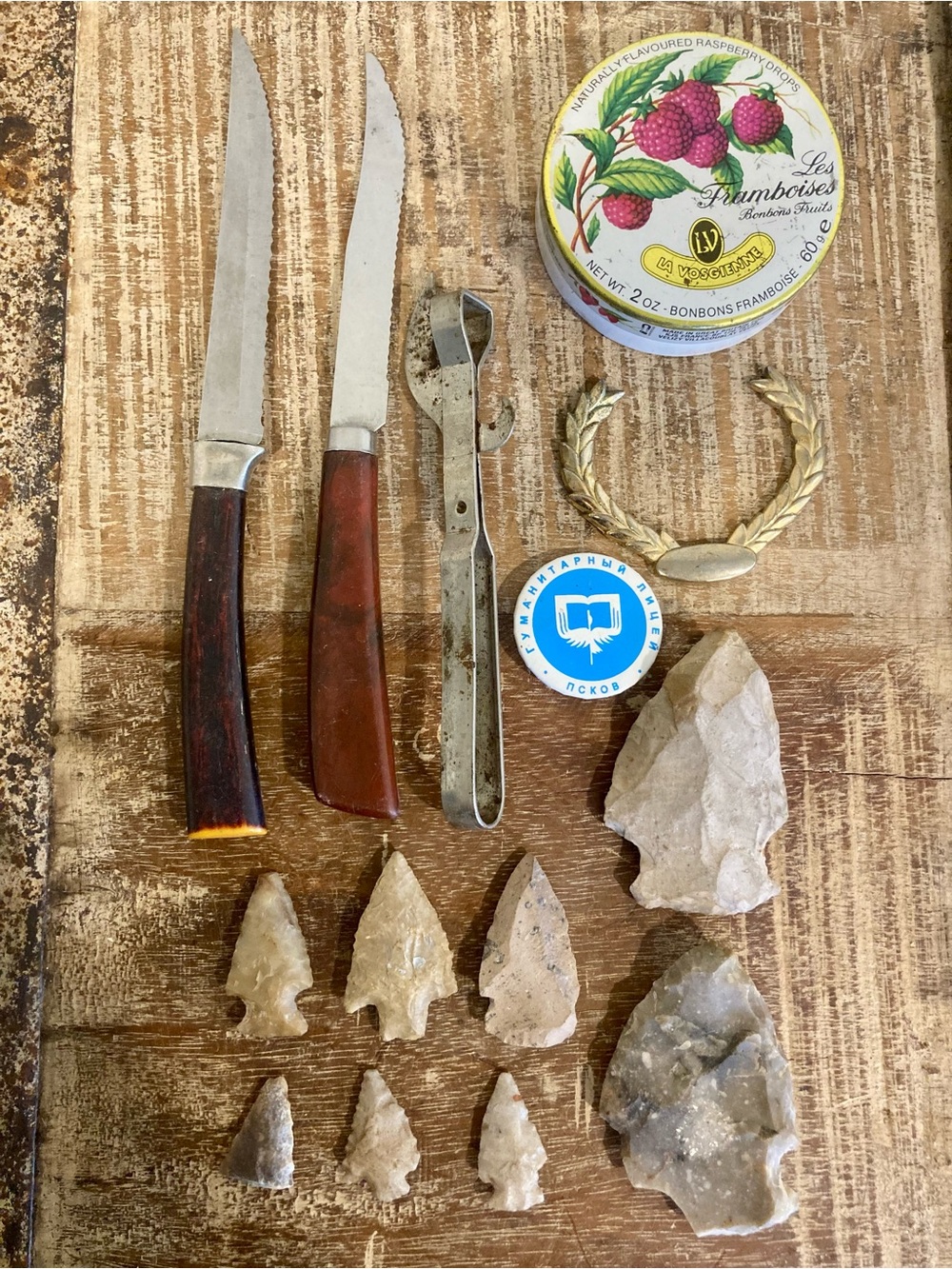 Instant Junk Drawer Collection Knives, Can Opener, Arrowheads, Safety Pins